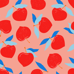 Red peach seamless pattern. Trendy hand-drawn vector pattern for stationery, textile, and web use. A modern illustration of big round nectarine fruits. Red peaches and blue leaves. Summer fruits.