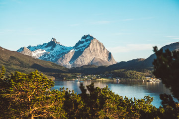 Fototapeta premium Norway mountains and landscapes on the islands Lofoten. Natural scandinavian landscape. Place for text or advertising