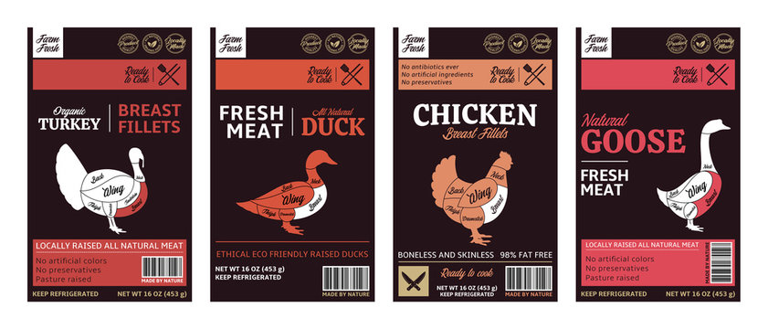 Vector butcher's shop poultry modern style labels. American (US) cuts of chicken, duck, turkey and goose diagrams