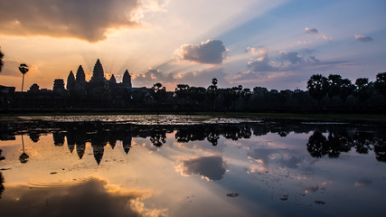 Fototapeta na wymiar Panorama View on Angkor Wat with lake during sunrise , Siem Reap, Cambodia, Asia