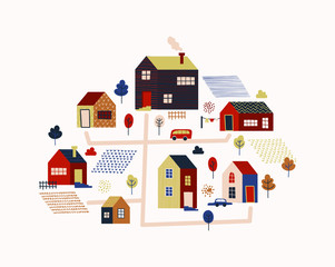 Illustration with different houses. Abstract city landscape illustration