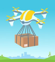A delivery drone flying, carrying a cardboard box package. Summer city landscape, sky, a green meadow on the background. An order delivering, shipping. A vector cartoon illustration.