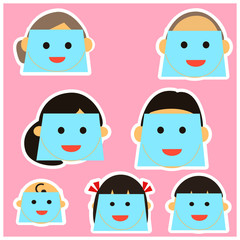 Set of Face icons of family members.wear full face masks .Vector illustrations image. 