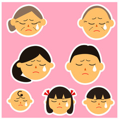 Set of Face icons of family members.Sad crying  .Vector illustrations image. 