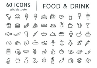 Food and drink - line icon set with editable stroke. Outline collection of 60 symbols. Restaurant menu icons. Vector illustration.