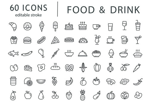Food and drink - line icon set with editable stroke. Outline collection of 60 symbols. Restaurant menu icons. Vector illustration.