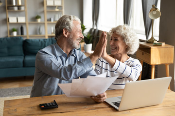 Overjoyed exited middle aged married couple giving high five, finishing doing domestic paperwork together at home. Euphoric happy older mature spouses celebrating successful investment or purchase.
