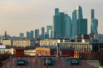 City buildings in the setting sun
