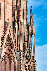 Detail of of tower of famous Strasbourg Cathedral in France in romanesque and gothic architecture...