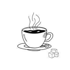 Cup of black coffee with sugar lumps on white isolated background. Doodle of beverage.
