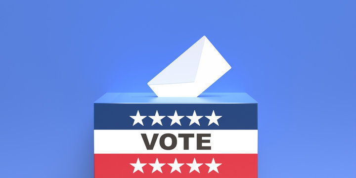 US election. USA flag ballot box and envelope on blue background. 3d illustration