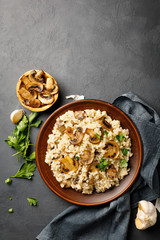 A dish of Italian cuisine - risotto from rice and mushrooms in a brown plate on a black slate background. Top view. Flat lay. Copy space.