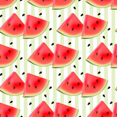 Watermelon seamless pattern 3D. Sweet abstract  background. Vector illustration. Repeating texture with slice watermelon and seeds. Realistic summer ornament. Modern design paper, wallpaper, textile.