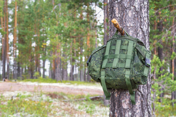 Small green backpack for tourism is hanging on knot of tree in summer forest on background of road.