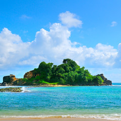 Obraz premium Azure waters of tropical ocean, peninsula, palm trees and the beach.