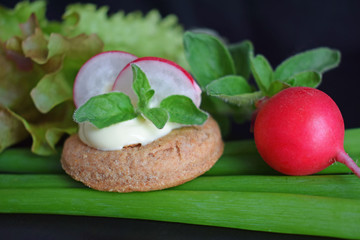 Obraz na płótnie Canvas Savory spicy cookies made from buckwheat flour with the radish and greens.Healthy diet.