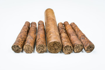 Big and small cigars twisted from sheets of tobacco on white background.