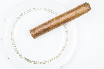 Thick cigar from twisted sheets on white saucer with white background.