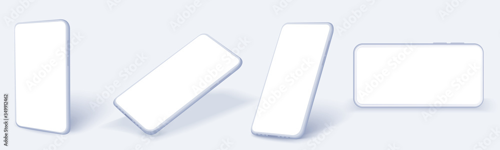 Poster white smartphone frame less blank screen, rotated position. smartphone from different angles. smart 