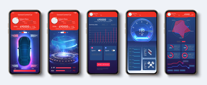 Car control app indicators of sensors and data online. Smart car security system UI,UX,KIT,HUD. Vehicle feature, settings phone display. Mobile application auto dashboard,speedometer, lock, run, data