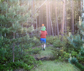 daddy piggyback carries on the shoulders a daughter, walks on a wood path along pine and green...