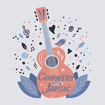 Illustration with acoustic guitar and hand lettering. Guitar concert flyer template. Flat hand drawn vector illustration.