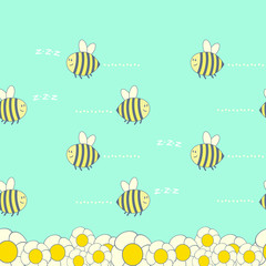 Horizontal seamless pattern with cute bees and flowers