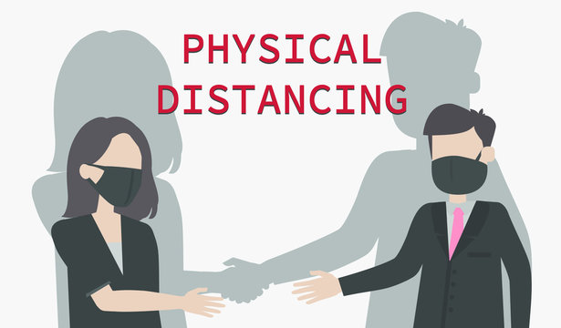 Man and woman make business deals By keeping a distance To be safe from viruses.
Physical distance concept shadow handshake . vector from illustrator.