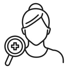 Medical examination dermatologist line black icon. Faceless girl and magnifier. Isolated vector element. Outline pictogram for web page, mobile app, promo.