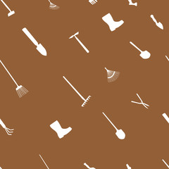 Seamless vector pattern. Garden tools icons isolated on brown background.