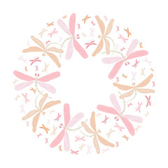 Vector seamless pattern with pink and orange dragonflies on a light background.