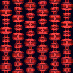 Seamless vector pattern with vertical strings of red paper lanterns in the black sky. Perfect background for Chinese New Year, spring or mid-autumn festival. Abstract illustration of oriental lamps.