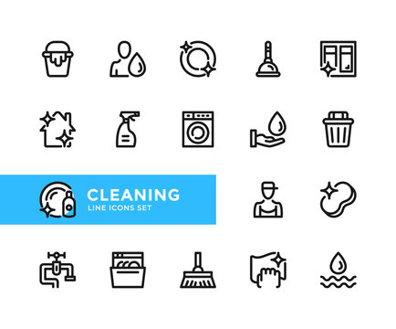 Cleaning vector line icons. Simple set of outline symbols, graphic design elements. Line icons set. Pixel Perfect