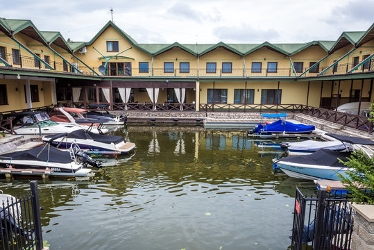 Augustow, Poland - August 10, 2019: Marina of Nad Netta Hotel in Augustow town, Podlasie region of Poland