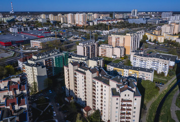 Naklejka premium Drone view of residential buildings in Goclaw area, part of Praga Poludnie district of Warsaw, Poland