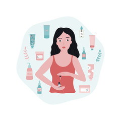 Young woman doing her skincare routine.Natural cosmetic products in bottles,jars,tubes.Self-care concept.Flat vector illustration.
