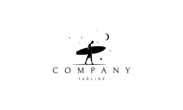 Vector logo on which an abstract image of a surfer with a board under the night sky.
