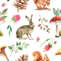 pattern of watercolor illustrations forest animals mushrooms and plants
