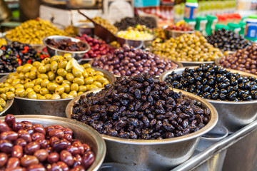 Green and black olives in the oriental market 