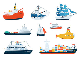 Collection various ships isolated on white background in a flat style. Illustrations of water transport, sailboat, submarine, icebreaker, fishing boat. Vector