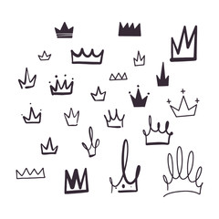 Vector stock illustration with various doodle crowns, hand drawn, doodle style.