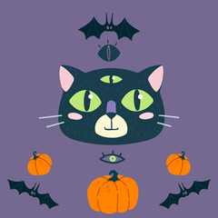 Cute funny cat face. Helloween theme,  bats and pumpkin.Cartoon animal muzzle