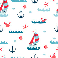 Fototapeta na wymiar Children's seamless pattern with sailboats, starfish, crab, anchor and fish on white background. Cute texture for kids room design, Wallpaper, textiles, wrapping paper, apparel. Vector illustration
