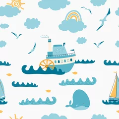 Fotobehang Golven Kinder naadloos patroon met zeegezicht, stoomboot, zeilboot, walvis, zeemeeuw op witte achtergrond. Leuke textuur voor kinderkamerontwerp, behang, textiel, inpakpapier, kleding. vector illustratie