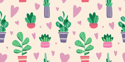 Wallpaper murals Plants in pots House plants in pots and vases. Beautiful hand drawn isolated element vector seamless pattern.