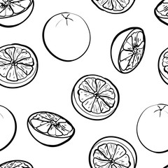 Seamless pattern with black outline oranges fruit on white background. Vector stock illustration.