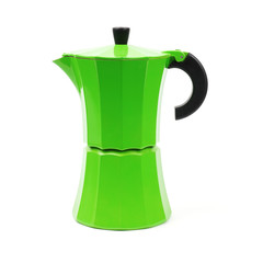 Green coffee pot for natural coffee. Isolated