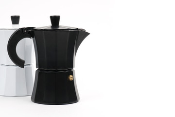 Black and white coffee pot on an isolated white background. Copy space
