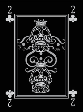 Playing card number 2 clubs . Ornament skull black and white. 