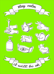 Vector doodle illustration virus privention mask gloves and soap